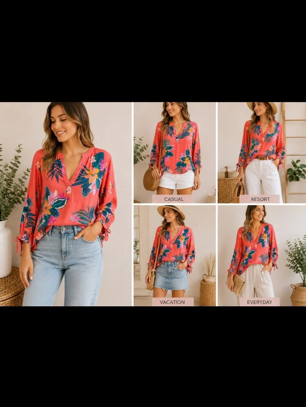 Old Navy ~ Coral Tropical Floral Linen Blend Tie Sleeve Blouse - Picture 10 of 10